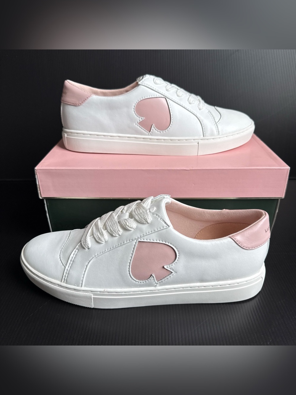 NIB Kate Spade Fez Leather Optic White Rose Smoke Fashion Sneakers Size 9.5B